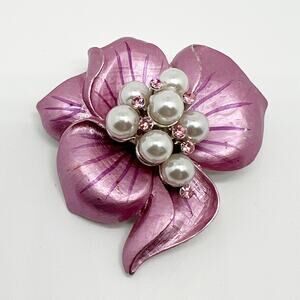 Sarah Coventry Pink Flower Brooch Pin with Pearl Cluster Silver Tone